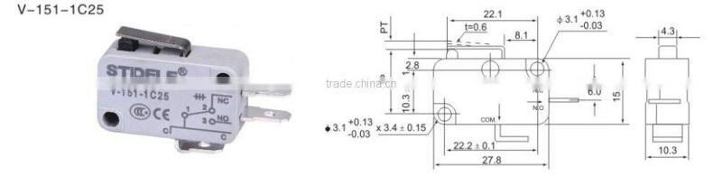 short lever type 3 pin micro switch MX12-8 V-151-1C25