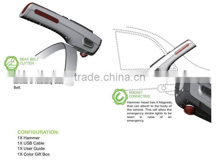 top quality German auto accessory with glass breaker, seat belt cutter, cellphone charger, power generator