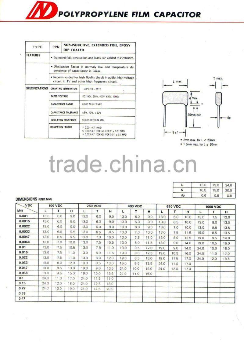 Made in Taiwan coated PPN Polypropylene 0.47uf 0.01uf film 474j capacitor