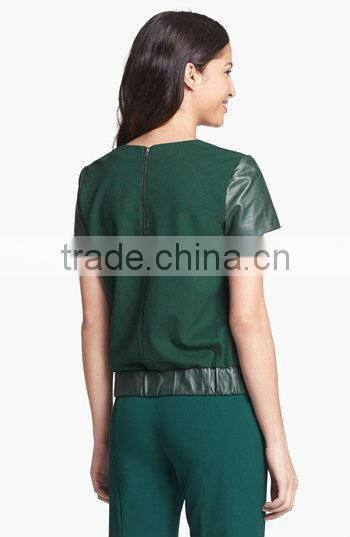 Green short sleeve Pu Leather tops new fashion girls tops 2016