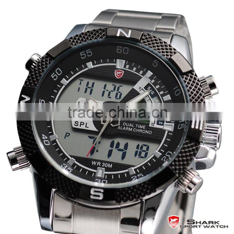 Mens Shark Digital LCD Outdoors Analog Quartz Sport Steel Wrist Watch