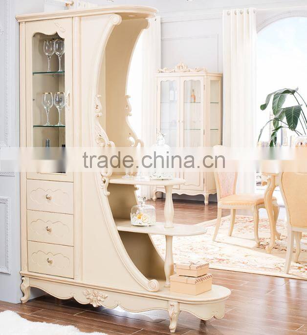 New classic solid wood dining room furniture hand carved ivory white color wine cabinet
