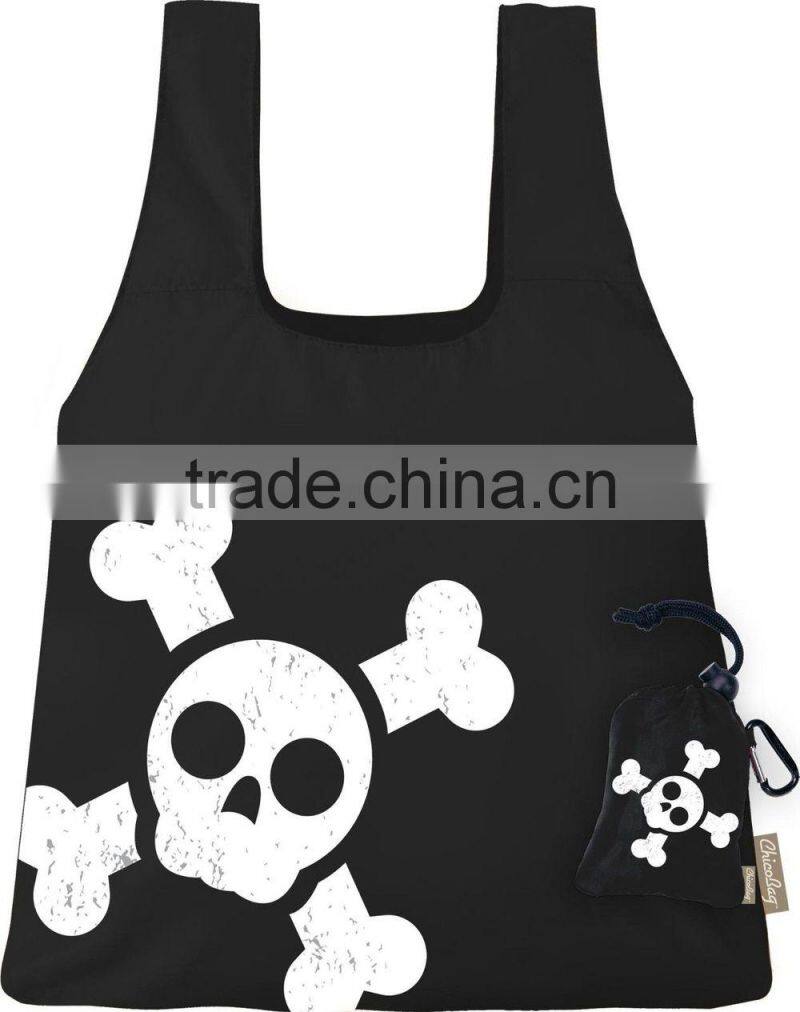 Customized skull shape design folding bags fashion Halloween black tote foldable bags Reusage foldable shoulder bags