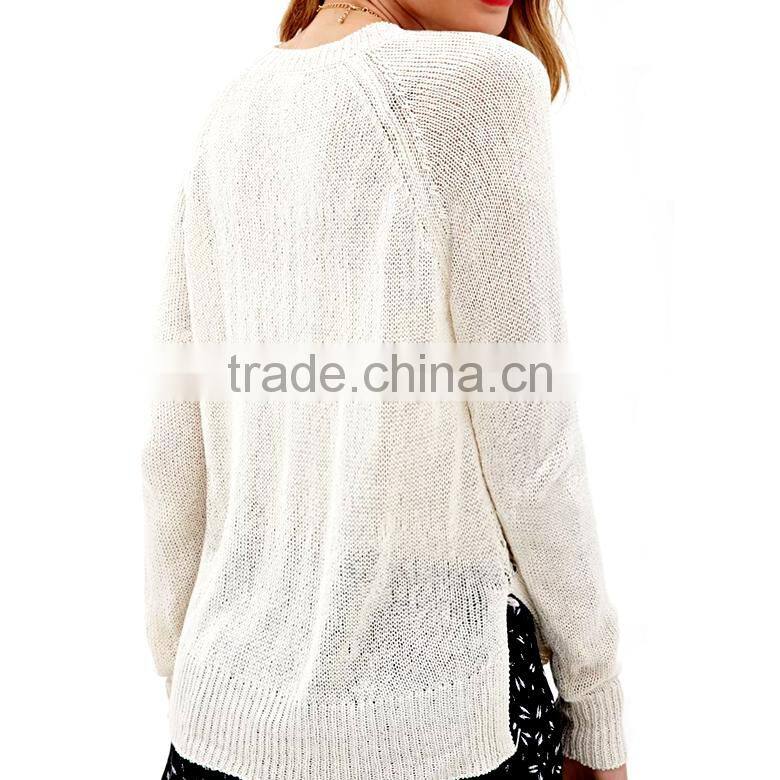 round neck hollow knitted stylish woman thin sweaters with hem split