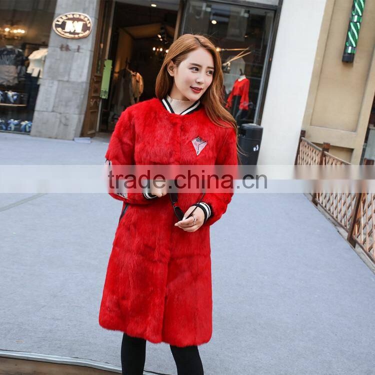 2016Winter New Women Fur Coat Rabbit Fur Thick Medium long Jacket Baseball Uniform Design Fashion Winter Warm Outwear Coat
