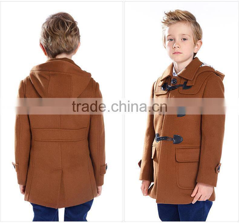 ELPA Tan wool long slim fit winter overcoat with removable cap for boy