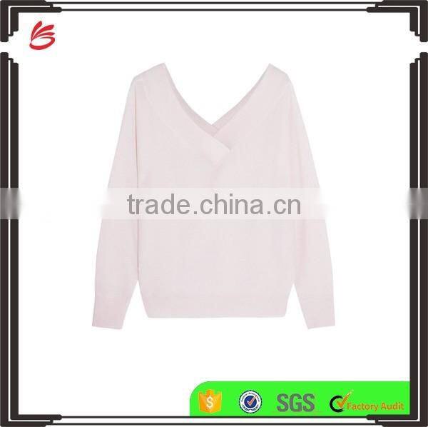 High Quality 100% Cashmere Ladies Slips On V-Neck Sweater with Ribbed Trims