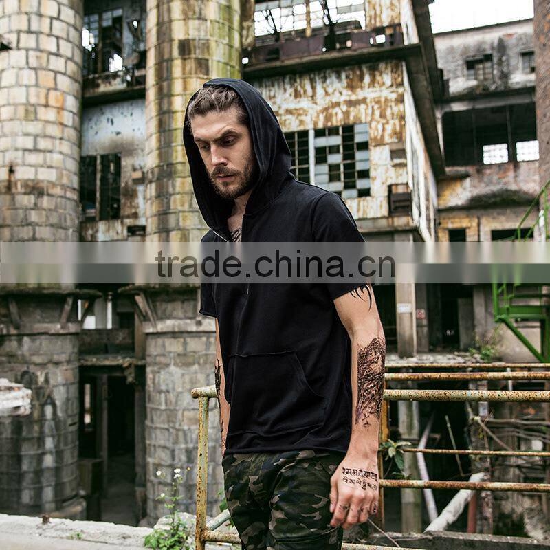 Men Black zipper o ring Hip hop t shirt with hood