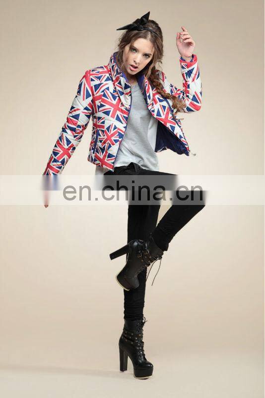 english flag printed short length stand collar oblique zipper down coats for elegant girls