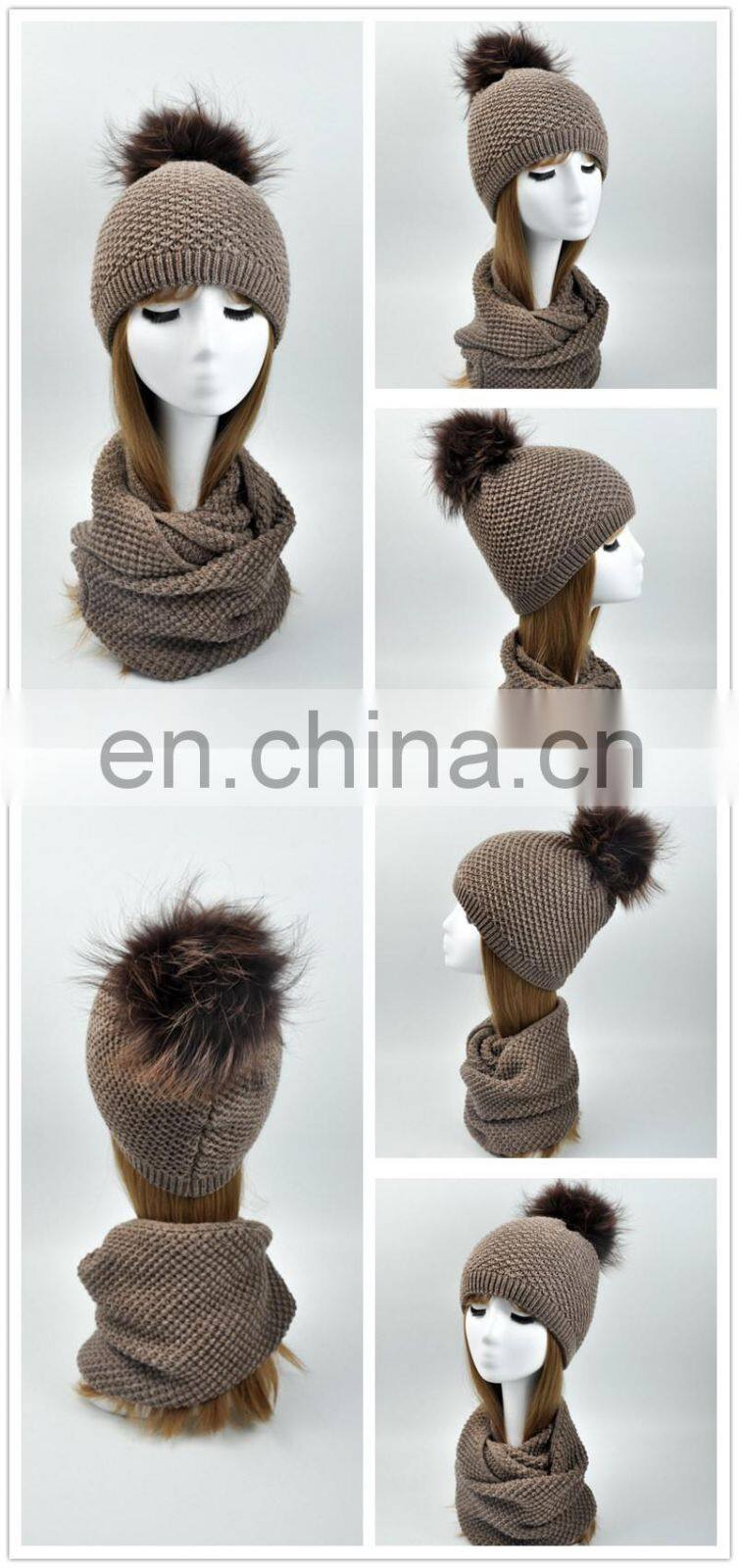 Wholesale Knitted Scarf Women Raccoon Fur Ball Winter Hat All in One Hat and Scarf