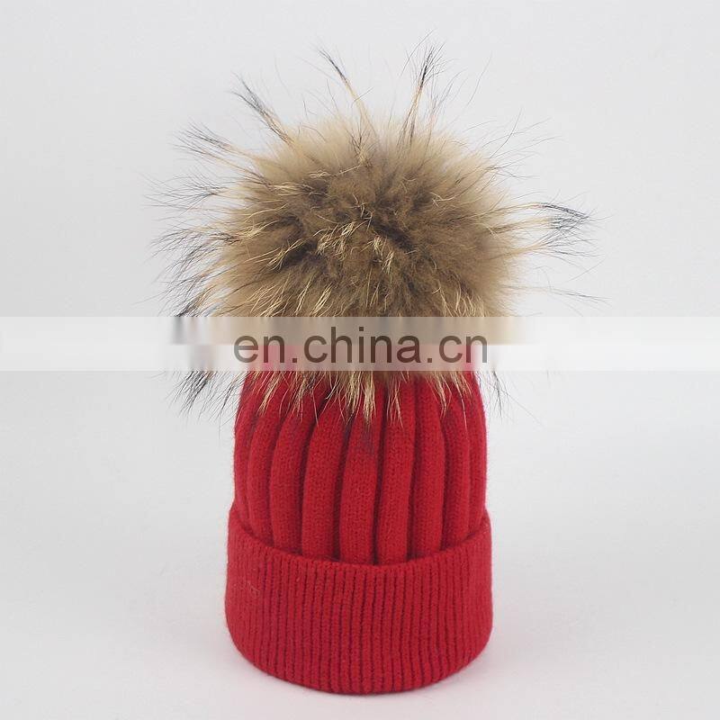 Top Quality Big Fur Pom Pom Kids Hats Raccoon Fur Balls Baby Knitted Hat