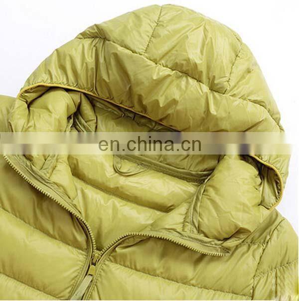 thin woman yellow down jacket with light color and weight
