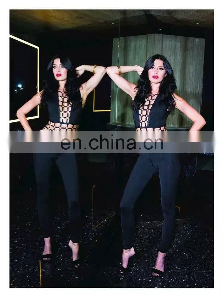 2017 new year Black sleeveless Metal buckle Low-cut Midriff Bandage Jumpsuit sexy tights long pants for women