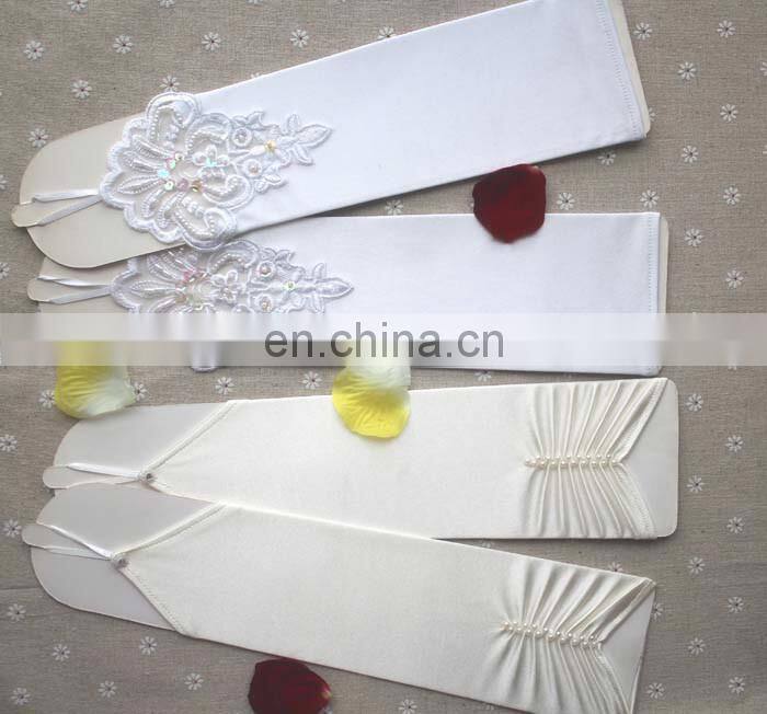 Pretty and Elegant Long Finerless Wedding Gloves White & Ivory Appliqued with Sequins& Ruffles Pearl Beaded satin Bridal Gloves