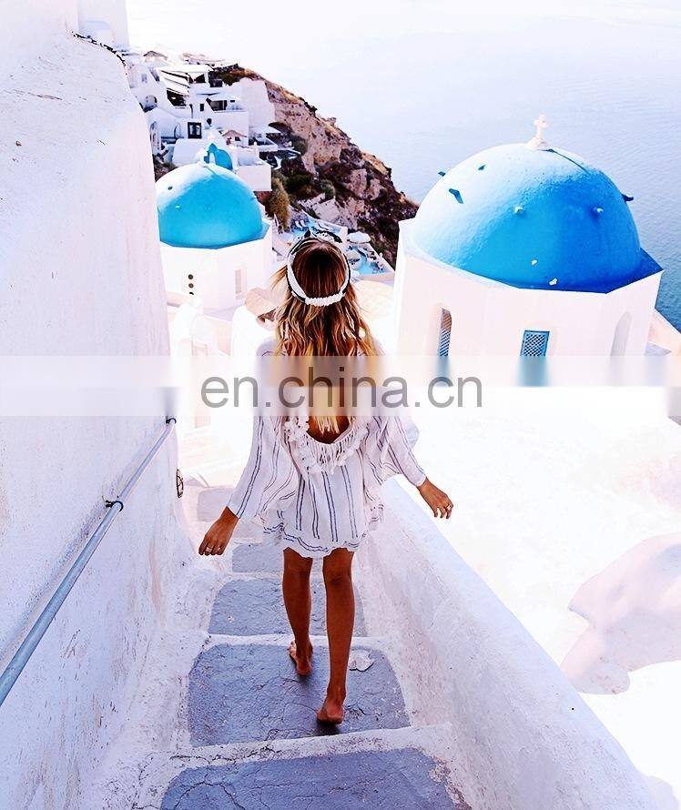 New Cotton Tassel Beach Cover up Tunics for Beach 2019 Women Swimsuit Cover up Swimwear Striped Pareo Beach Dress Beachwear