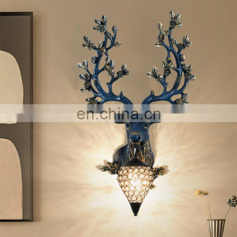 Nordic decorative antlers Antique rustic country village led deer head resin crystal glass wall mount lamp light for bars hotel