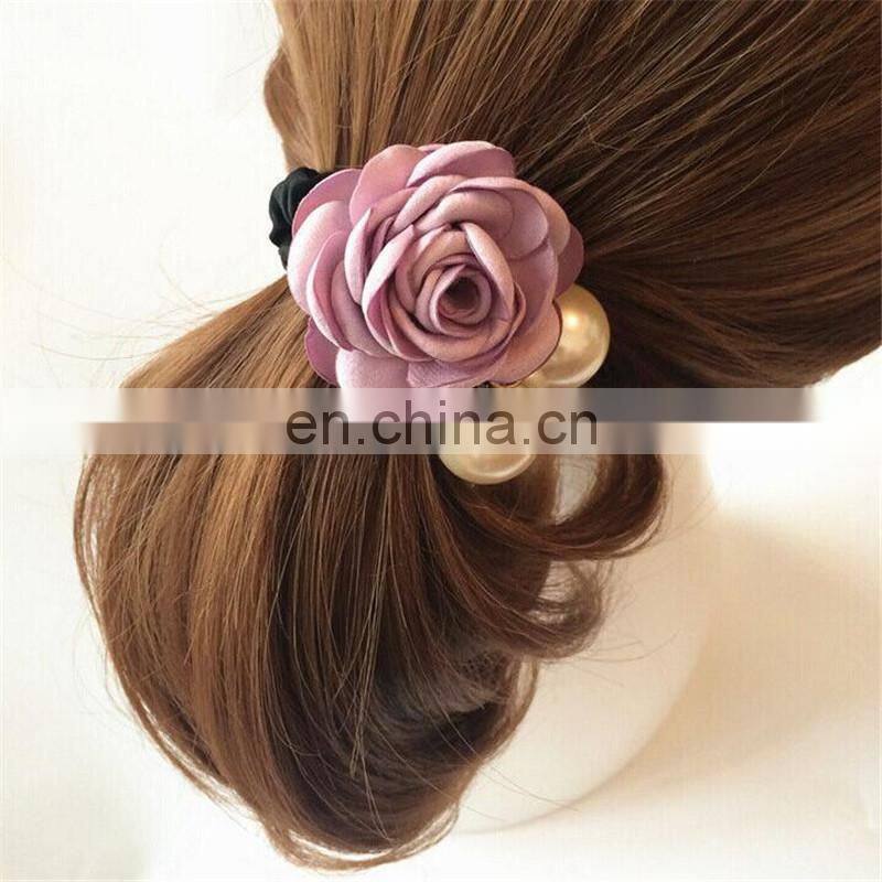 Women Fashion Style Big Rose Flower Pearl Rhinestone Hair Bands Elastic Hair Rope Ring Hair Accessories