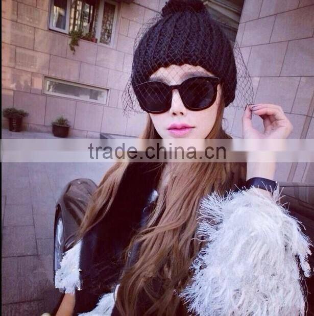 Hot Selling Lace Cover Tied Plain Acrylic Knitting Fashion Ladies Beanie Hat