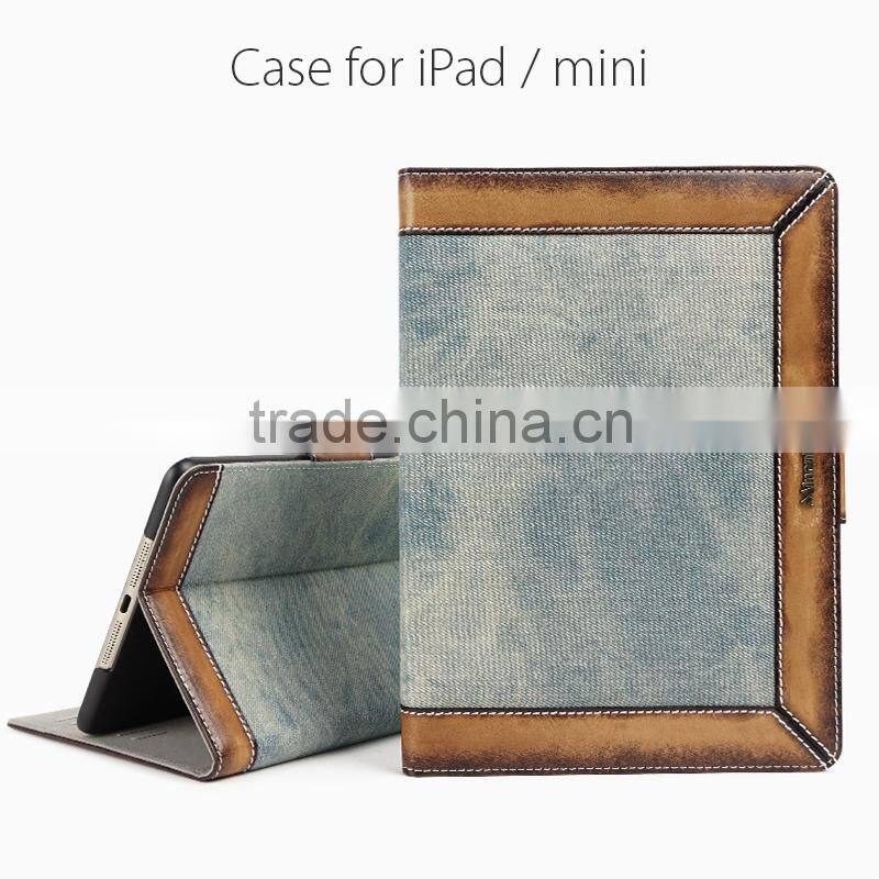 Cowboy Design Jeans/Denim Fabric With Brush-Off Leather Trimming Tablet Case For iPad Air2 OEM/ODM