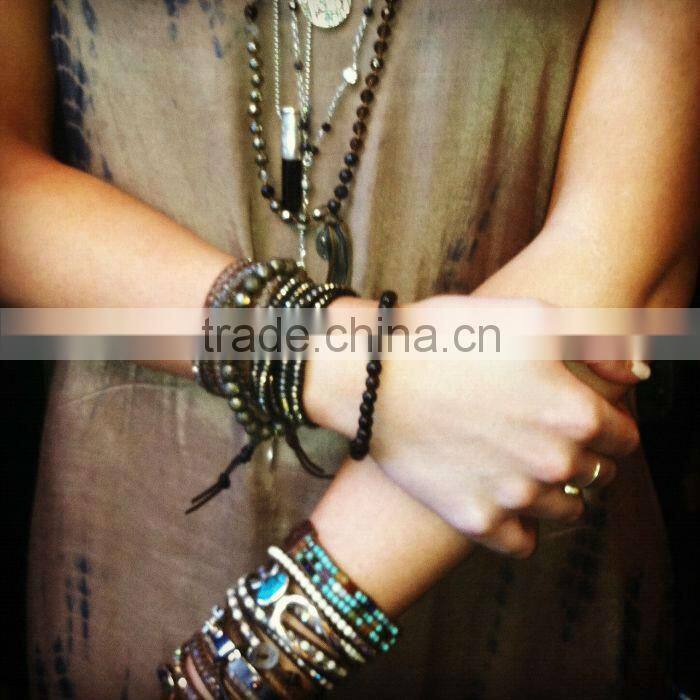 Bulk blue cheap braided wide leather bracelet with gemstone stone