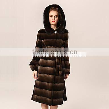 rex14020 Long Sleeve Hood dyed Rex Rabbit Fur Coat