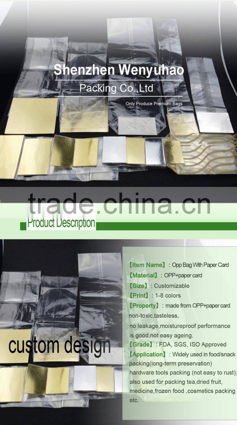 heat seal opp candy bag , square bottom side gusset packing food grade plastic bag with paper card