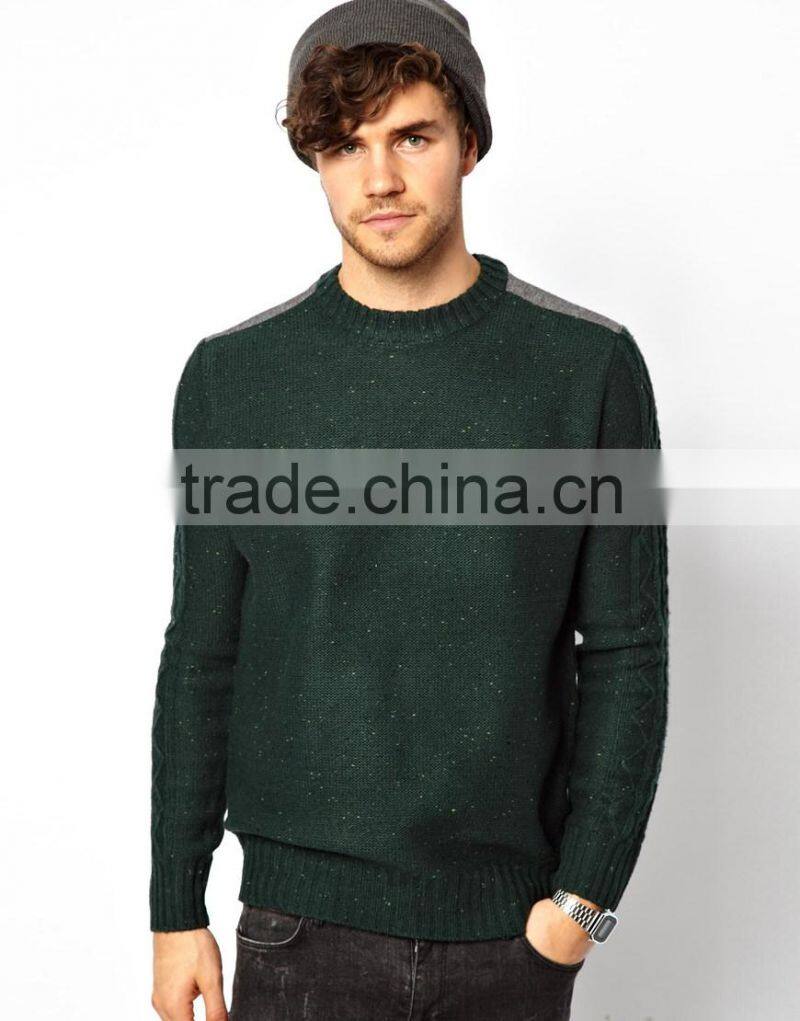 Man's wool blend Speckled knit design Sweater With Cable knit sleeves, Ribbed cuffs and waistband