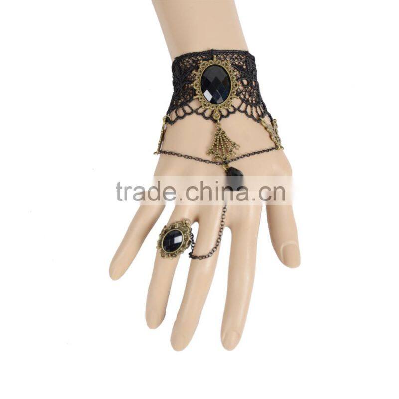 Chic women Wrist Black Lace Bracelet Inlay Zircon with Alloy Chain Ring