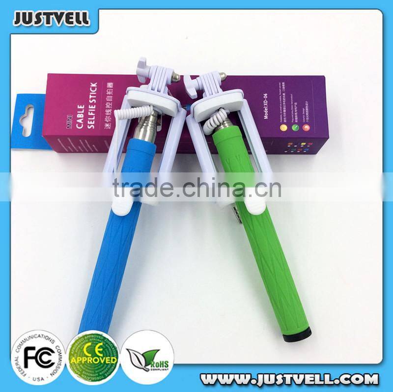 Cheap light portable selfie stick monopod with cable mini wholesale pocket selfie stick