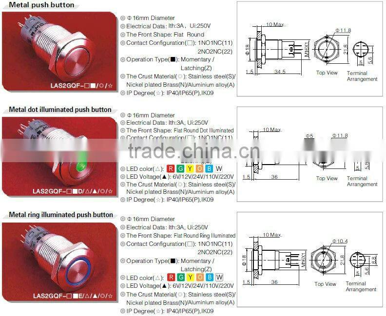 ONPOW doorbell Push button switch(LAS2GQ,16mm,CE,ROHS,REECH,IP40,IP65,IP67)