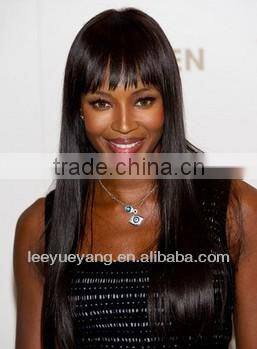 Popular smooth long straight black lace hair wigs with full bangs for sale