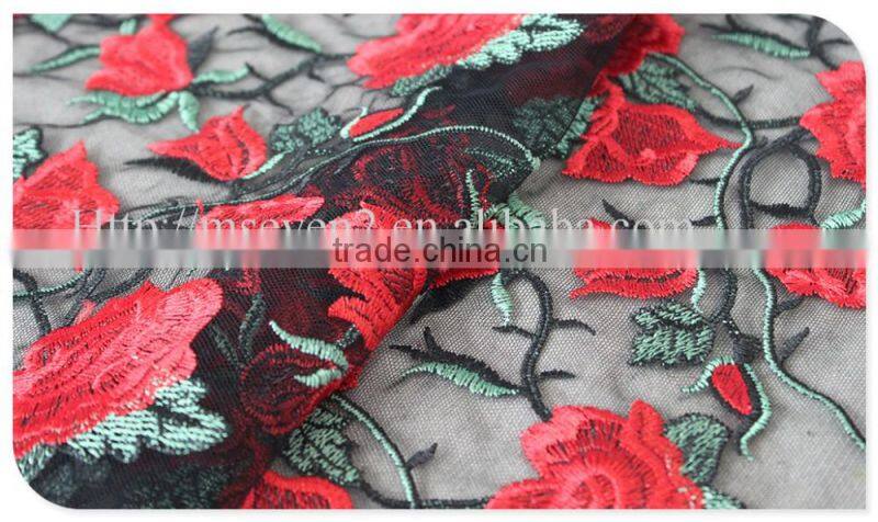 High quality fashion design red rose lace fabric embroidery for garment