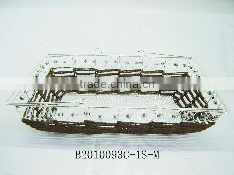 Silver metal wire and paper rope rectangle fruit storage basketry