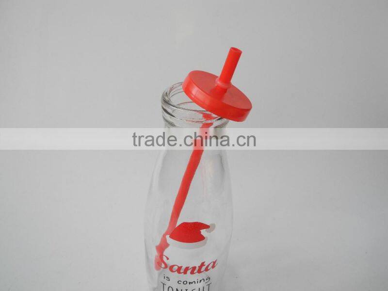 christmas use glass cow milk drinking bottles with red lid and straw