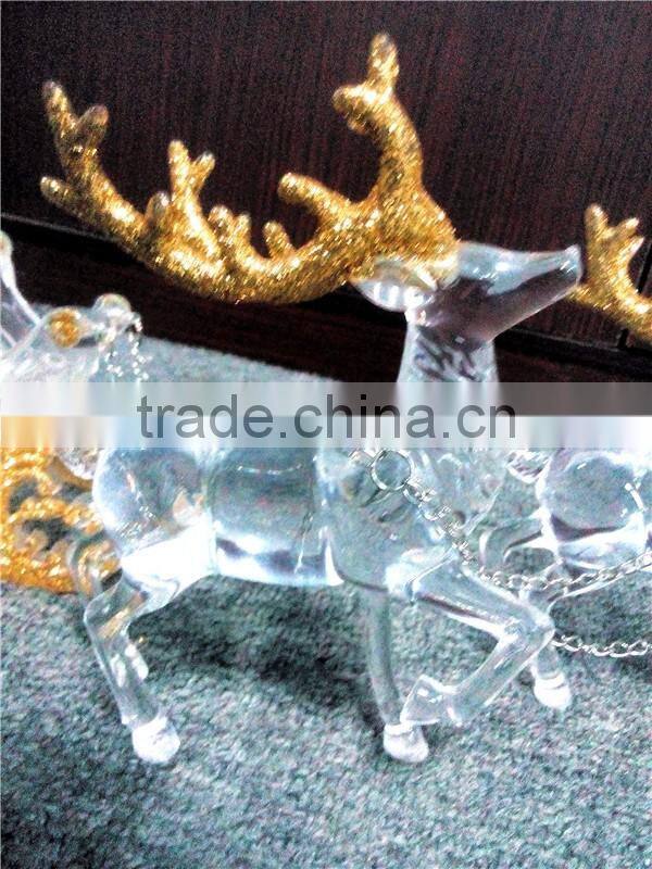 2016 hot sale Christmas decoration three acrylic reindeer and sleigh with gold glitter