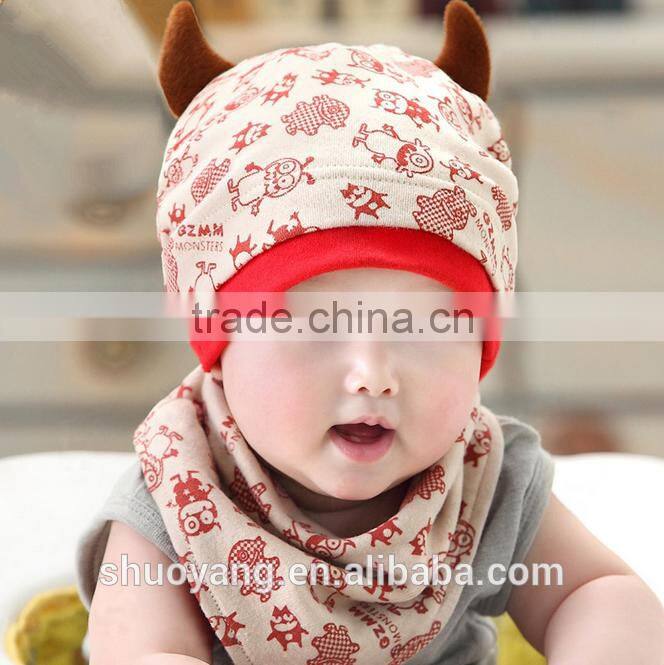 Knit cotton baby beanie hat animal sleep baby hat with turtleneck bib