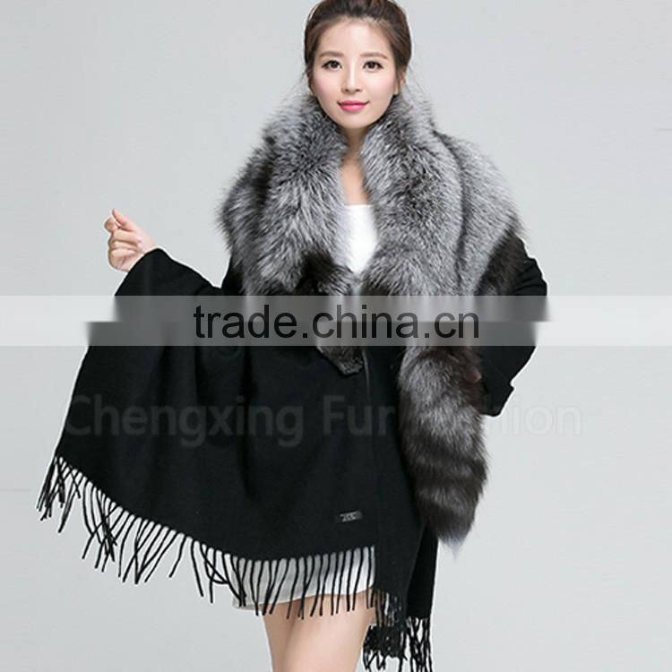 CX-B-P-53A Women Luxury Fox Fur Trim Pashmina Shawl