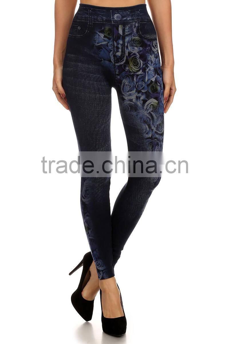 MGOO Custom Cheap Price Faux Denim Leggings High Waist Spandex Pants Foshan Manufacturer Yoga Wear