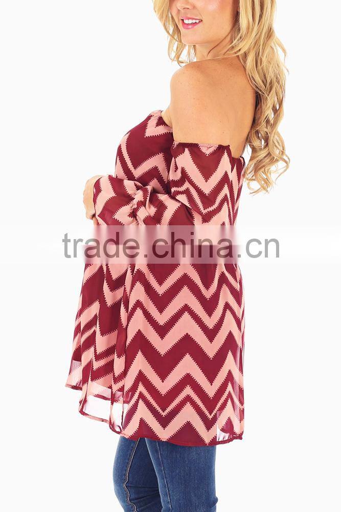 BURGUNDY PINK CHEVRON PRINTED CHIFFON OFF SHOULDER MATERNITY BLOUSE