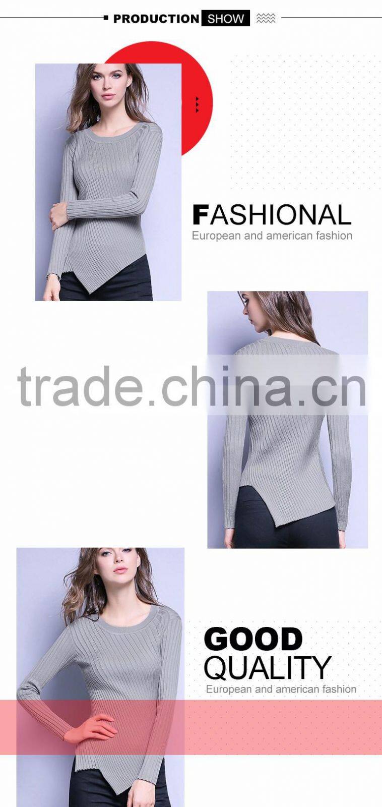 womens grey cotton knitted pattern long sleeves pullover sweaters with best price