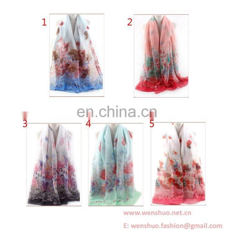 Colorful Lace Flower Printed 100% Cotton Women's Voile Scarf