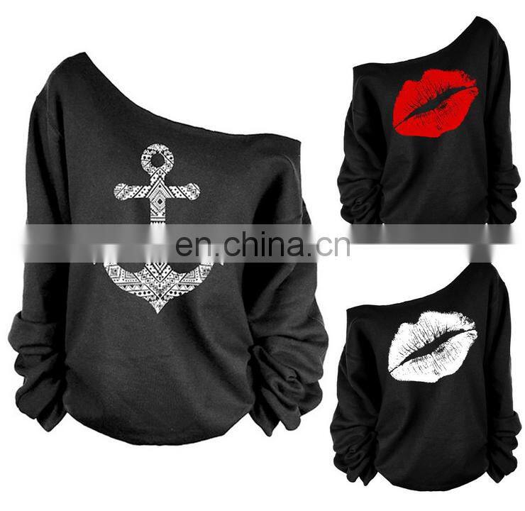 New Wholesale Women Lips Print Pullover One Shoulder Jumper Sweater Hoodie Sweatshirt Tops