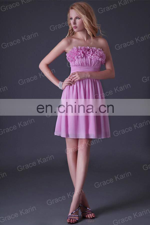 Grace Karin Strapless Short Pink Bridesmaid Dress With Flowers CL3469