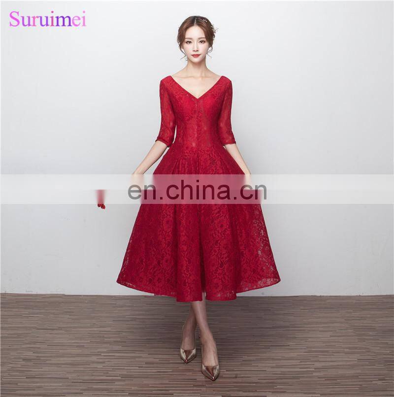 Wine Red Bridesmaid Dresses with Half Sleeves V Neck Corset Lace Up Tea Length Brides Maid Dress Vestidos De