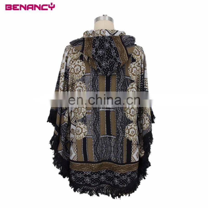 Wholesale Designer Clothing Tribal Mandala Print Poncho Hoodie With Tassel Fringe