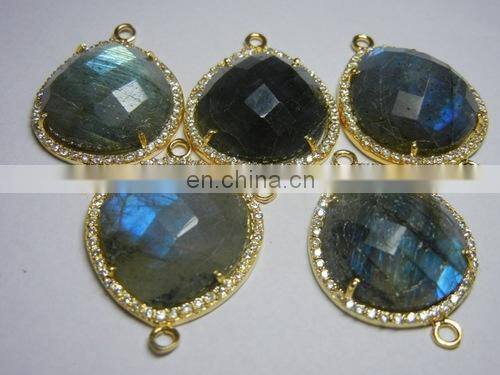 ALE CZ Pave Pink Chalcedony Cushion Shape Connector Size 11x11mm Gold Plated Pink Chalcedony Cushion Double Loop Pendant, Charm