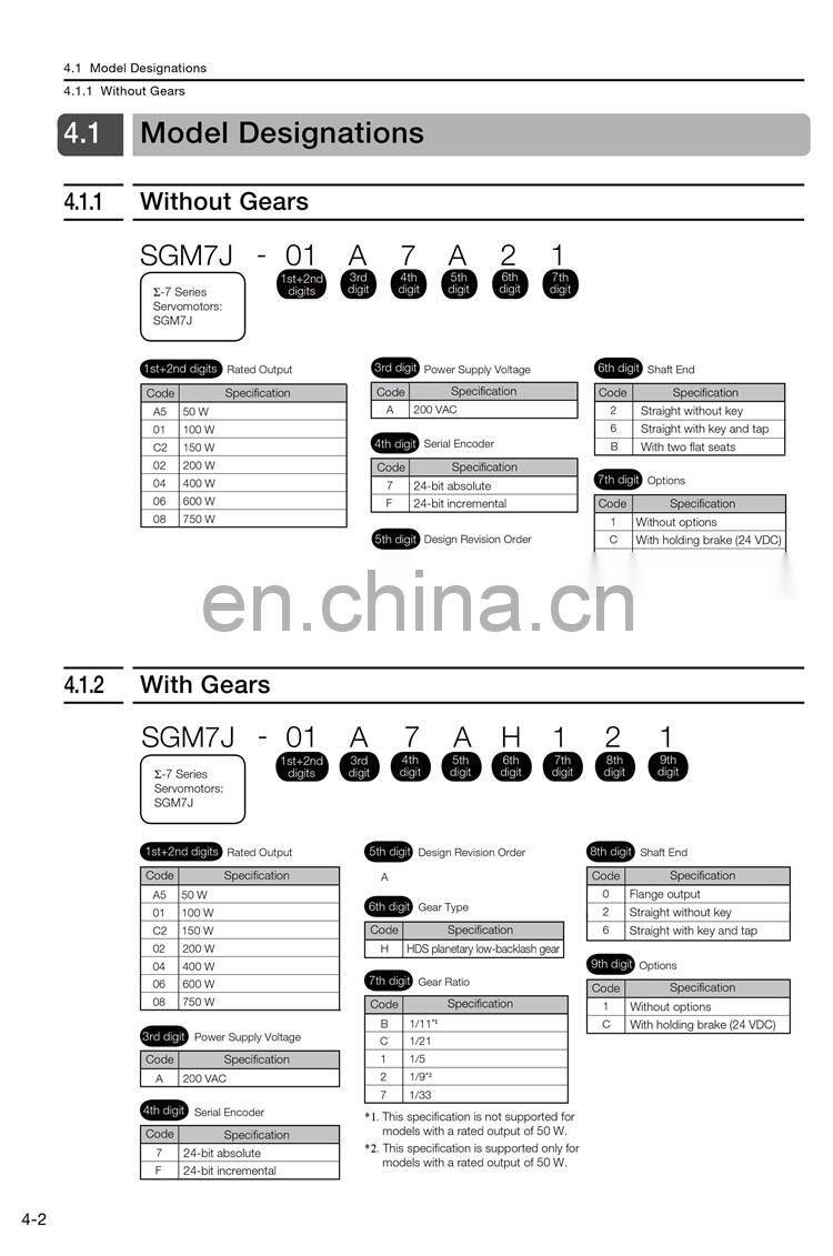 SGM7J-04AFC6S AC 200V 400W YASKAWA servo motor