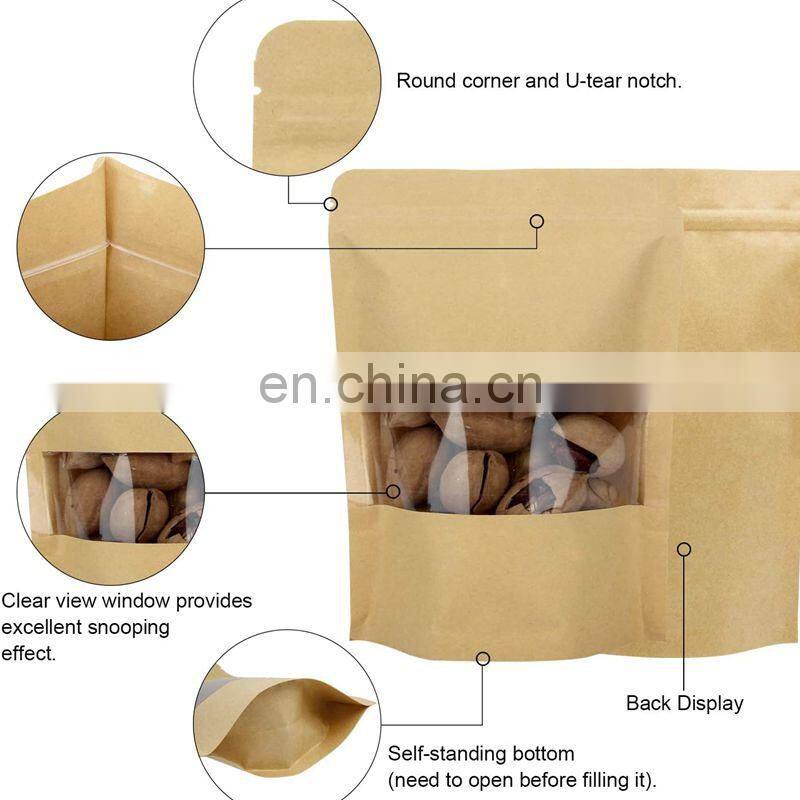 Doypack Zip lock Brown White Kraft Craft Paper Standing Up Pouches Food Packaging Zipper Bags With Window
