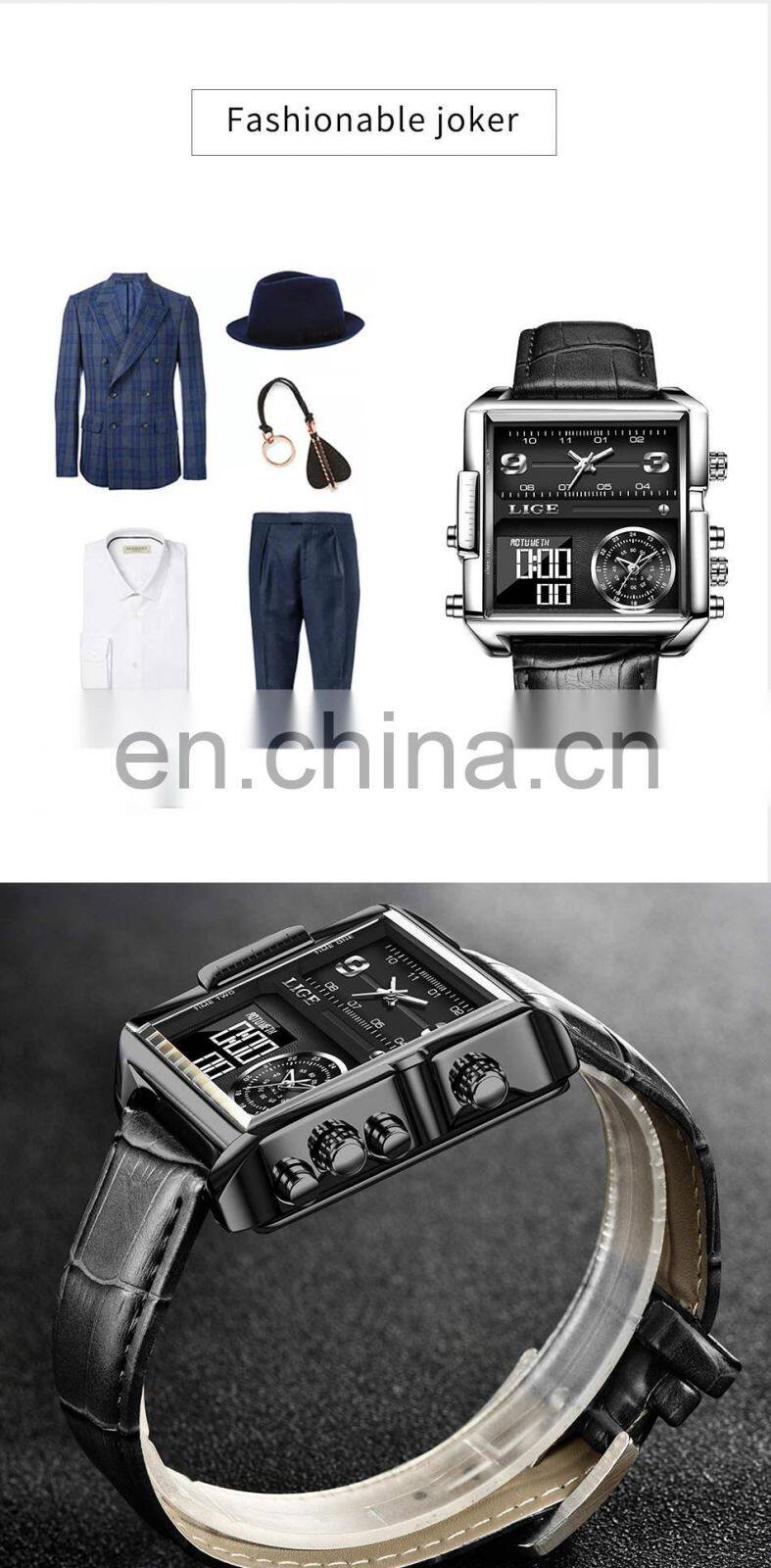 LIGE 8925 Mens Watches Square Digital Sports Quartz Wrist Watch for Men Waterproof wrist watches hands