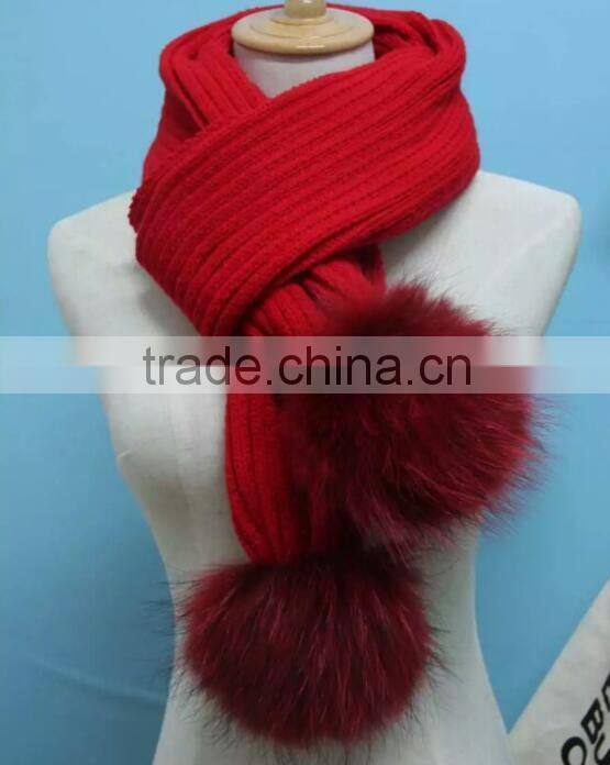 2016 Winter Newest Fashion 100% Real Raccon Fur Pompom Wool Knitted Women Crochet Scarf